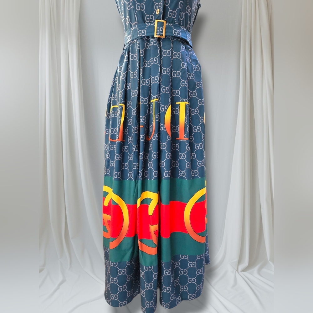 Blue Patterned Maxi Dress with Belt - Picture 3 of 8